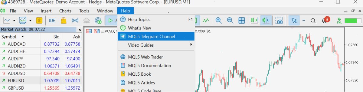 在“帮助”菜单中添加MQL5 Telegram频道的链接。